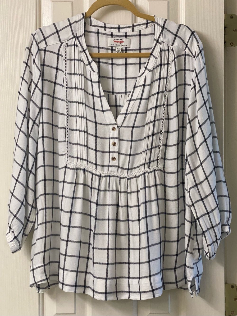 Wrangler White and Black Windowpane Plaid Peasant Tunic Top Size XL